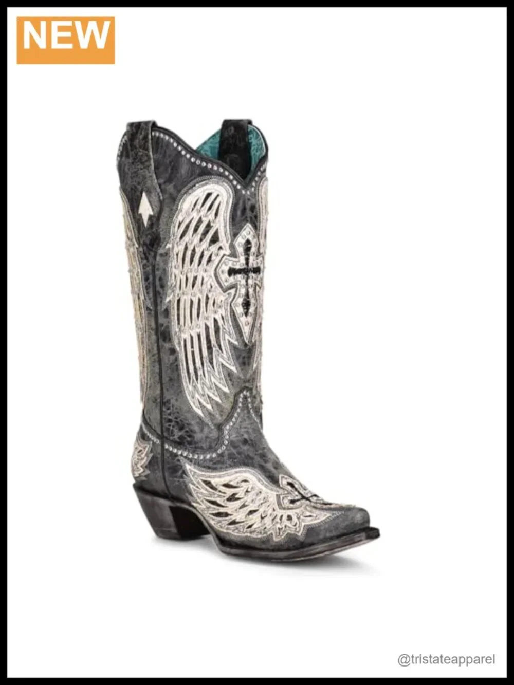 Handcrafted Snip Toe Mid-Calf Cowboy Boots with Cross and Wings Overlay Studs